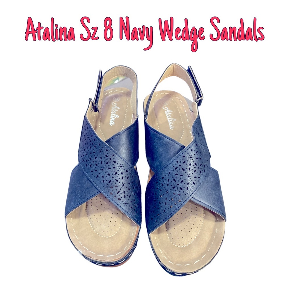 Atalina Sz 8 Navy Wedge Sandals with Velcro Closure